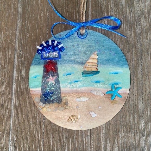 Coastal Lighthouse Holiday Ornament - Blue and Red - Picture 4 of 12